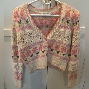 Zara Women's Knit Cardigan - Pink and Cream Floral
